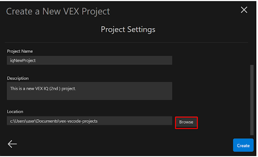 The IQ2 Empty Template Project has been selected, and now the Browse button is highlighted that can be used to select the Save Location.