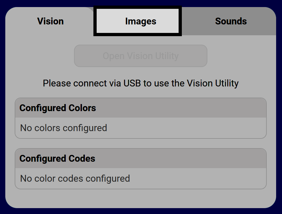 Vision Utility window with the Images tab selected; Vision tab is grayed out with a USB connection message, and no configured colors or codes listed