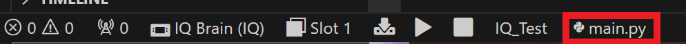 Python File Selector icon is highlighted on the VS Code toolbar. The Python File Selector shows the name of the selected Python file, and in this example it reads main.py.