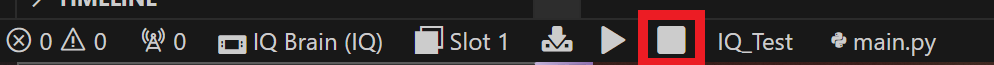 Stop icon is highlighted on the VS Code toolbar. This can be clicked to stop running the downloaded project on a connected VEX Brain.