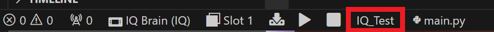 Project Selector icon is highlighted on the VS Code toolbar. The Project Selector shows the name of the selected project, and in this example it reads IQ_Test.