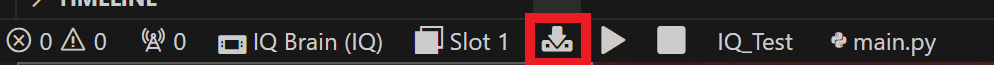Download icon is highlighted on the VS Code toolbar. This can be clicked to download the project to the selected Slot on a connected VEX Brain.