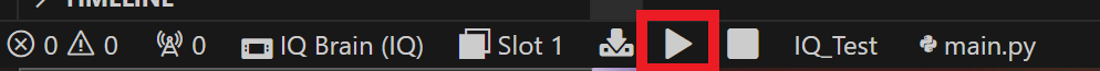 Play icon is highlighted on the VS Code toolbar. This can be clicked to run the downloaded project on a connected VEX Brain.