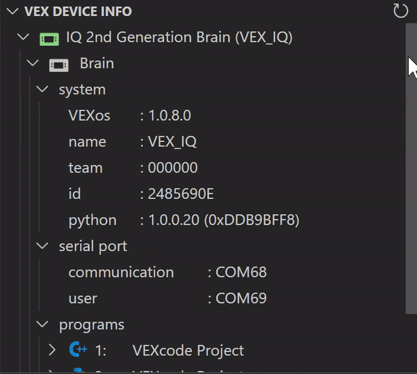 The VEX Robotics Extension has been opened and the VEX Device Info category is shown, with a list of all connected devices and specific info about each one. In this example, the Brain, its downloaded programs, and a Controller are shown.