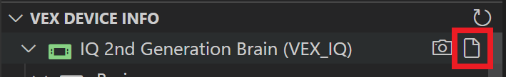 Event Log icon is highlighted next to the VEX Device Indicator folder title, to the right of the Camera icon.