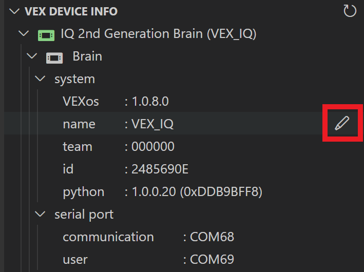 Cursor is hovering over the Name option inside the System folder, and there is a Pencil icon next to it that is highlighted.
