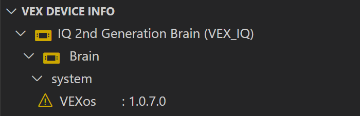 Brain folder icon and the VEX Device Indicator icon are shown in orange, and there is a hazard symbol next to the system's VEXos version. These signs indicate that the Brain's VEXos version is out of date.