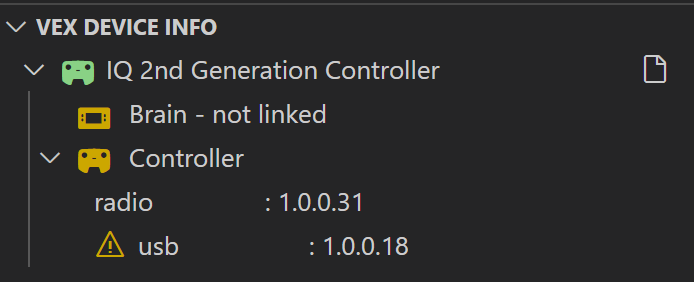 Brain folder icon and the Controller icon are shown in orange, and there is a hazard symbol next to the Controller's usb information. These signs indicate that the Controller's VEXos version is out of date.