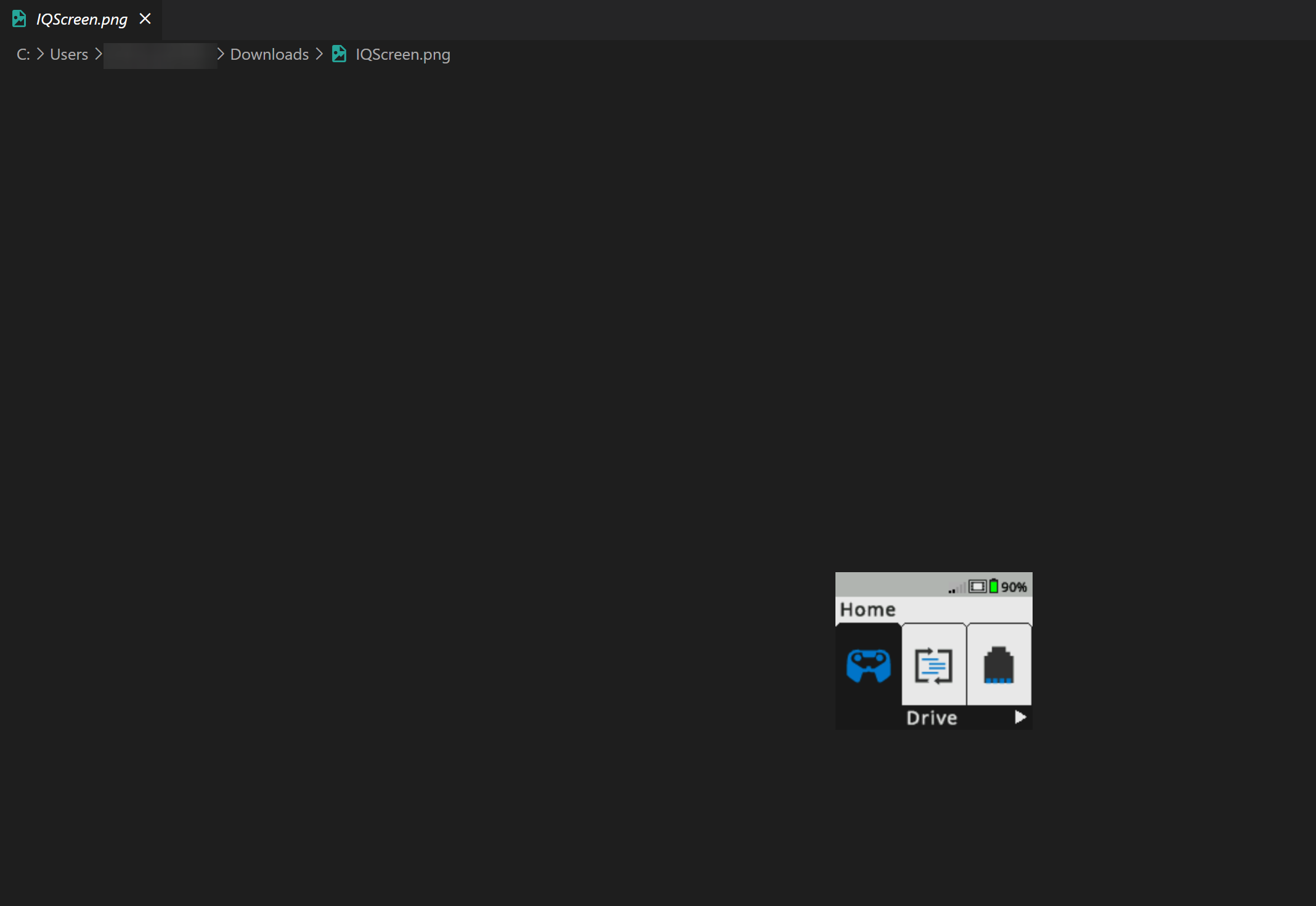 VEX Brain screenshot is shown opened in VS Code from the user's Downloads folder. Brain screenshots shows an image of the entire screen, including the indicator icons at the top and the menu options at the bottom.