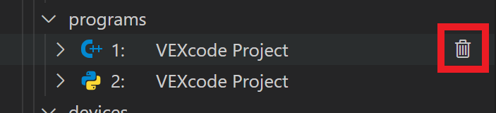 Cursor is hovering over a program in the Programs folder and there is a Trashcan icon next to it that is highlighted.
