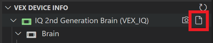 Event Log icon is highlighted next to the VEX Device Indicator folder title, to the right of the Camera icon.