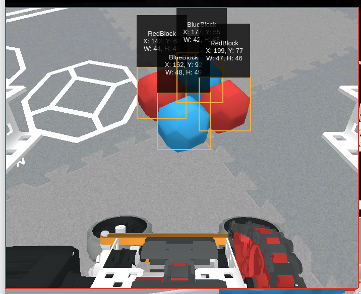 AI Vision sensor view on Dex with Red and Blue Blocks