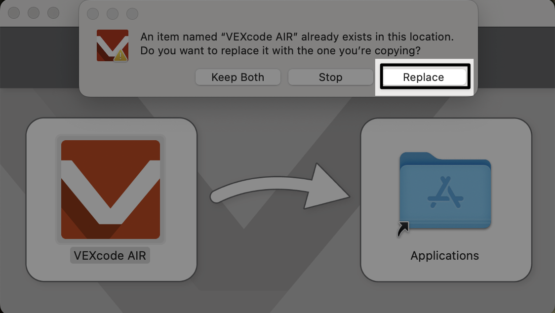 Dialog box with a callout box around the Replace button.