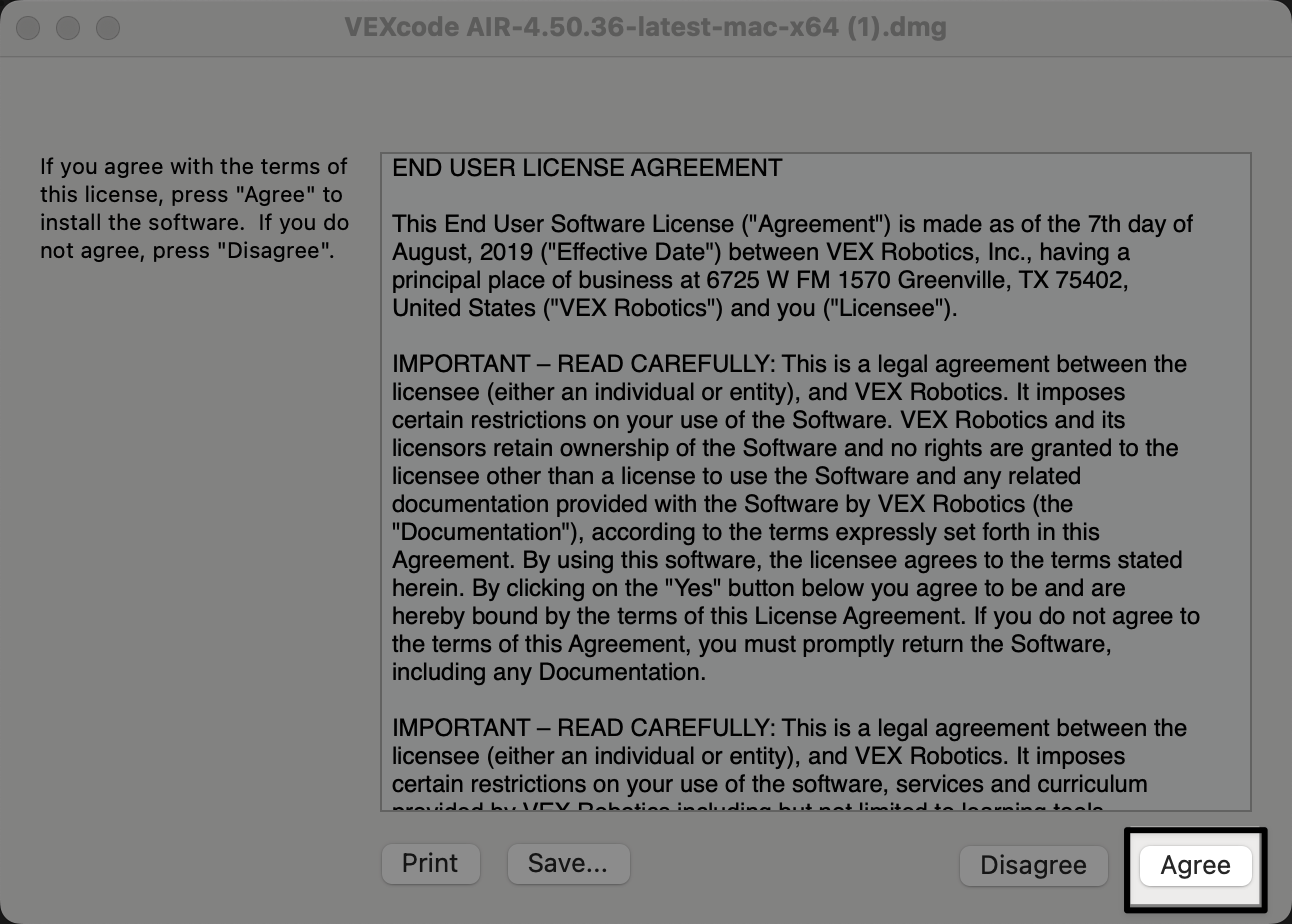 VEXcode AIR End User License Agreement window with a callout box around the Agree button.