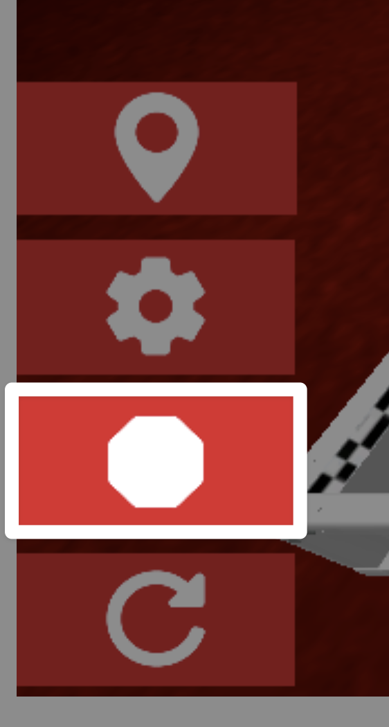 A close up view of the lower left hand corner of the Driving Skills window showing the Stop button, a white hexagon, that appears in place of the Play button during a match. The Stop button is located vertically between the settings icon and the reset button.