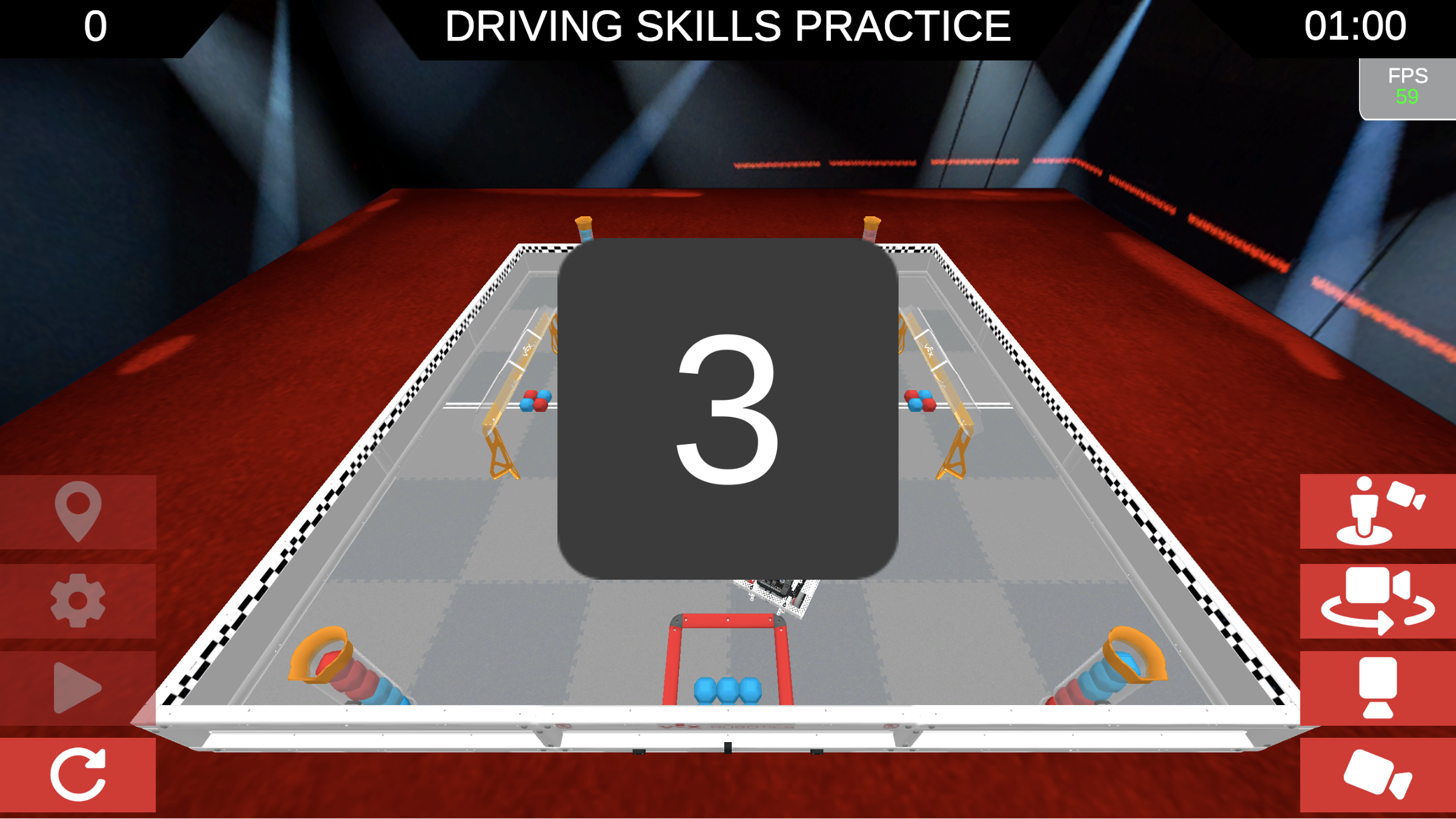 The Driving Skills Practice window with a large 3 in the center showing the countdown to the start of the match.