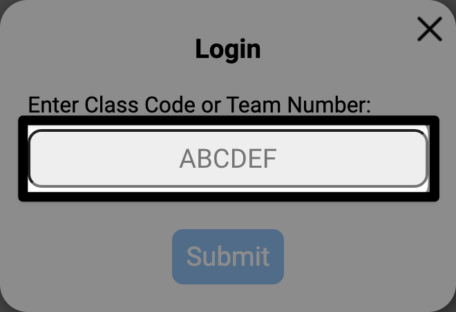 Login window with the team number field called out with a black box.