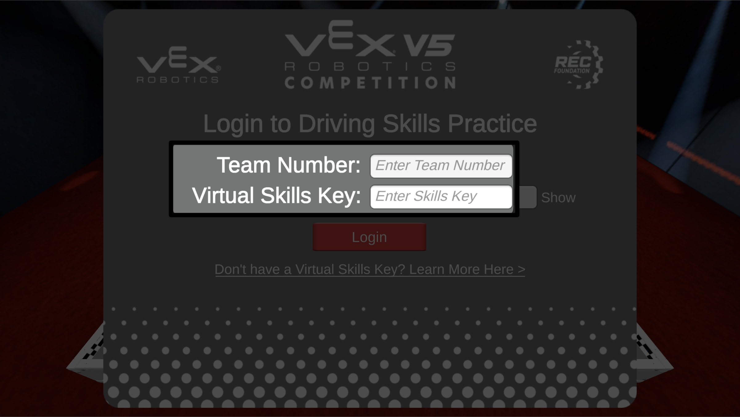 Driving Skills practice login window with the Team number and Virtual Skills Key fields called out.