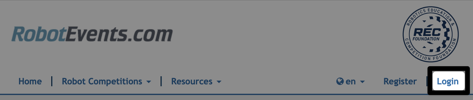 RobotEvents.com toolbar with the Login button called out in the upper right hand corner.