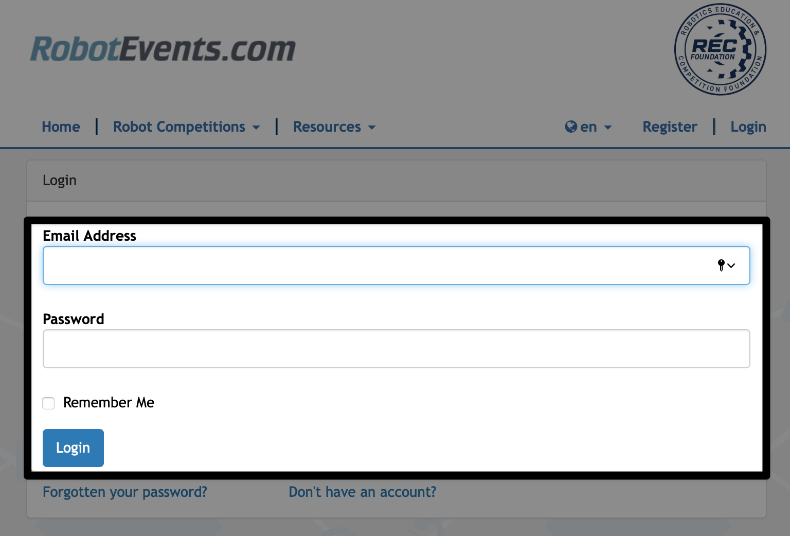 Robotevents.com Login page with the email address and password fields called out with a black box.