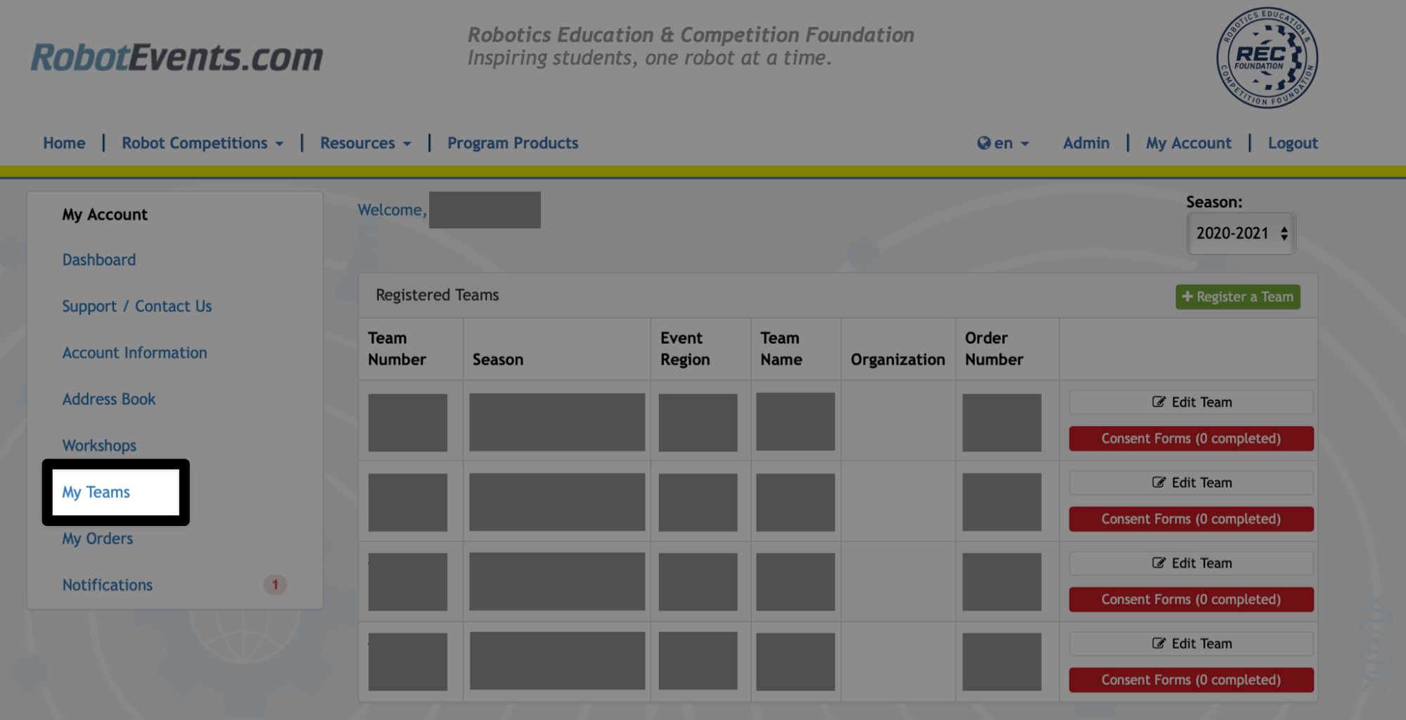 Registered Teams table at robotevents.com.