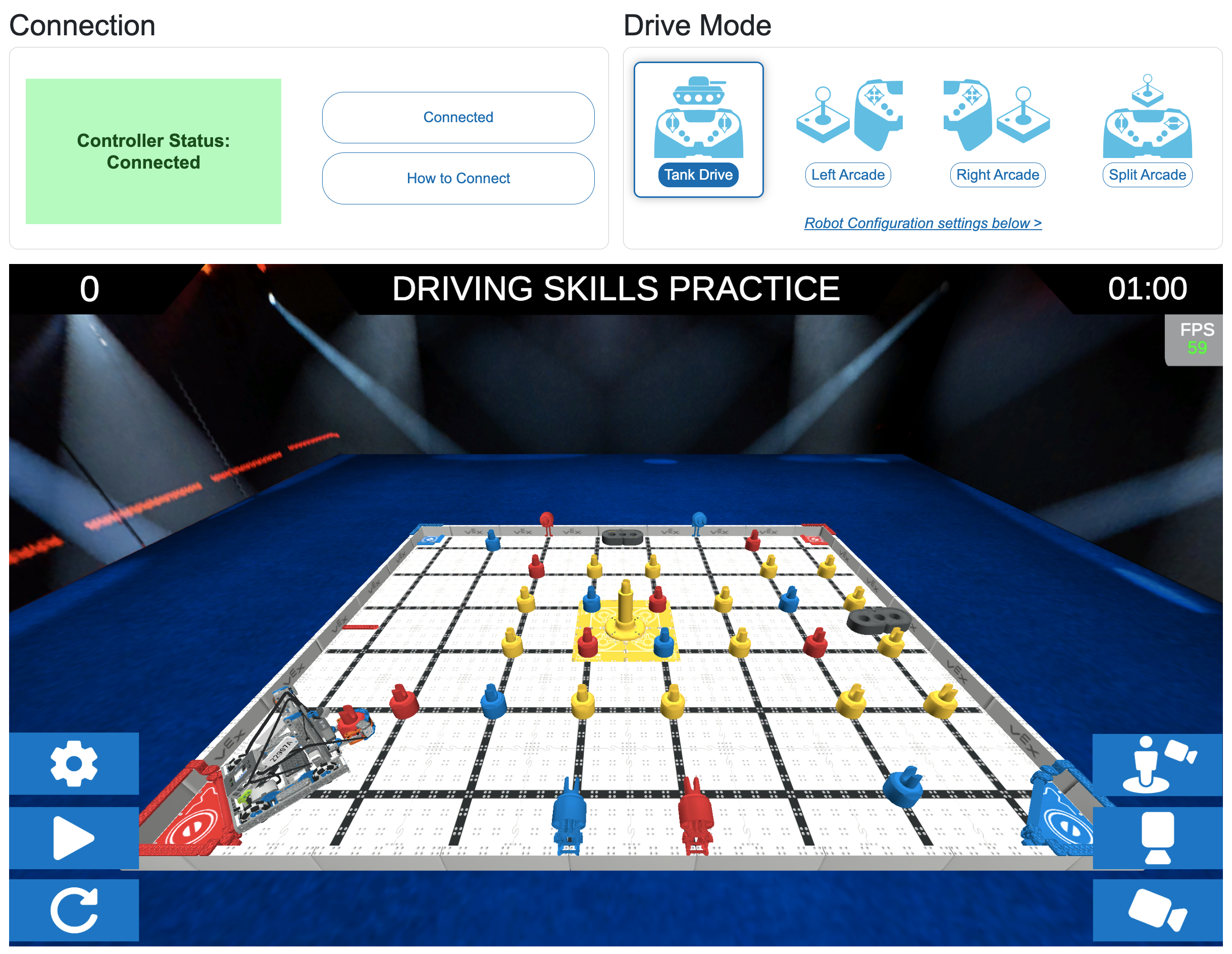 The Virtual Skills Practice window showing the Connection status in the upper left corner as green and Connected. In the upper right corner, the Drive Mode shows four options, Tank Drive is selected, and Left Arcade, Right Arcade, and Split Arcade, are pictured alongside. The Driving Skills Practice field is shown at the start of the match.