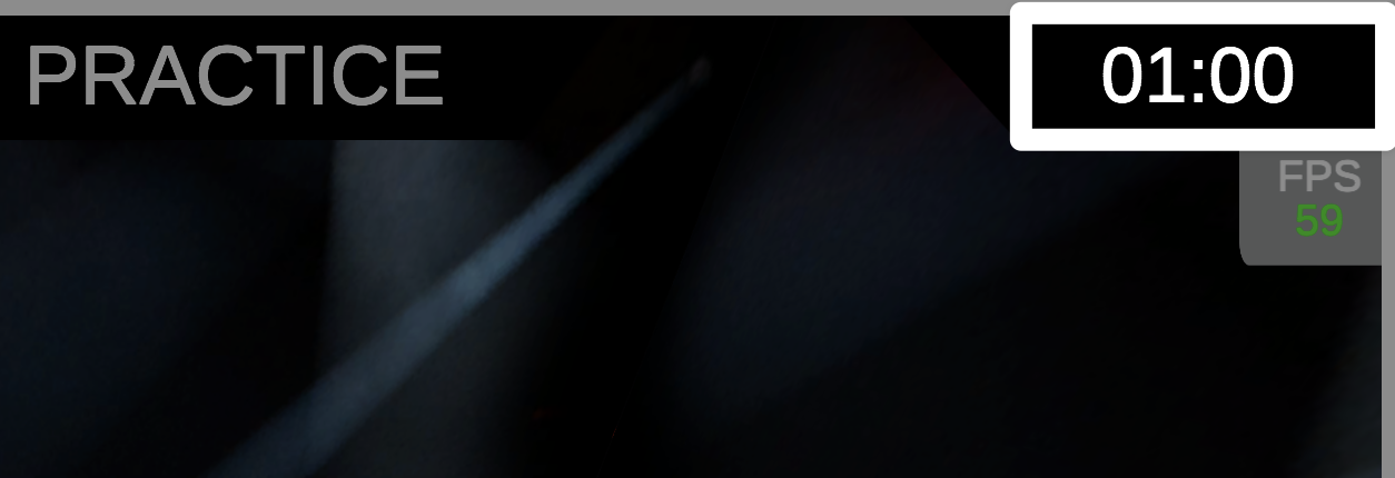 A close-up screenshot of the upper right corner of the Practice window, with the timer highlighted,to the right of the word Practice.