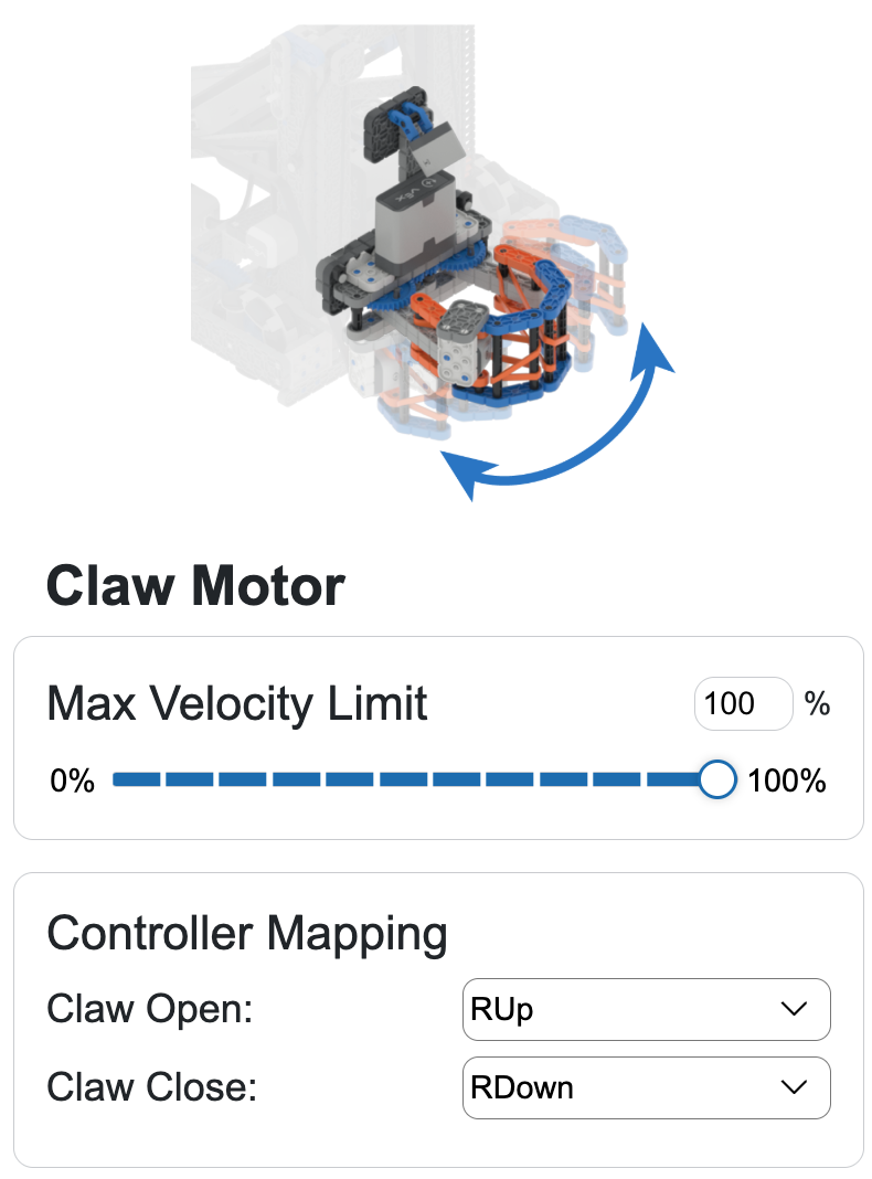 The Claw Motors section of the Robot Configuration area on the bottom of the Driving Skills page. It reads Claw Motor Group at the top and shows options for Maximum velocity with a slider from 0 to 100%, as well as Controller Mapping options for which buttons control the open and close.