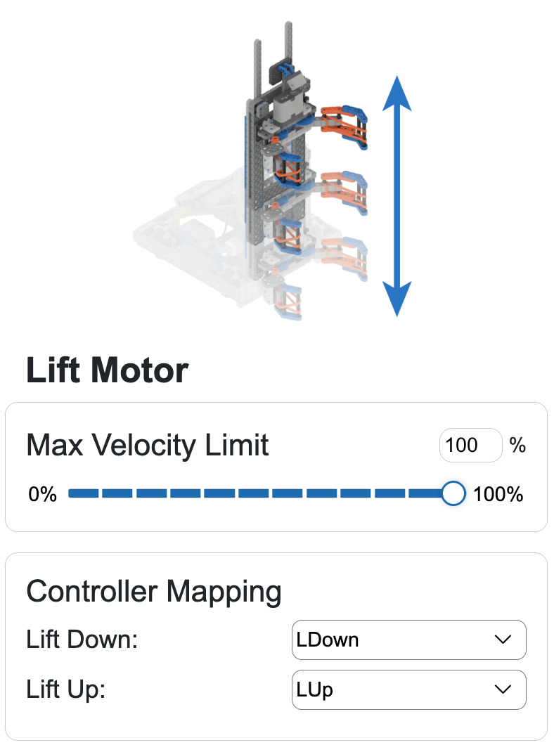 The Lift Motor section of the Robot Configuration area on the bottom of the Driving Skills page. It reads Lift Motor at the top and shows options for Maximum velocity with a slider from 0 to 100%, as well as Controller Mapping options for which buttons control the down and up.