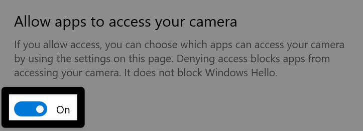 A prompt reads Allow apps to access your camera. If you allow access, you can choose which apps can access your camera by using the settings on this page. Denying access blocks apps from accessing your camera. The toggle switch below is toggled to on.