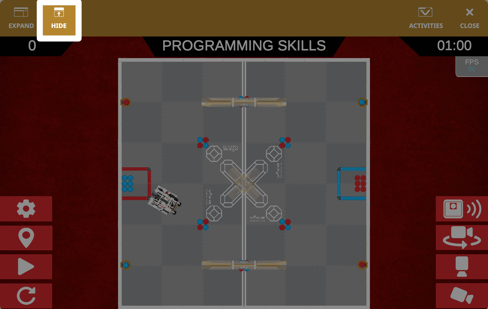 A screenshot of the full Playground Window with the Hide button in the upper left corner, to the right of the Expand button in the Toolbar highlighted.