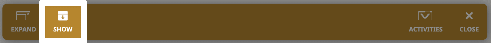 The Toolbar of the Playground Window, with the Show button in place of the Hide button to the right of the Expand button highlighted. The Programming Skills and Fild section of the window is hidden.