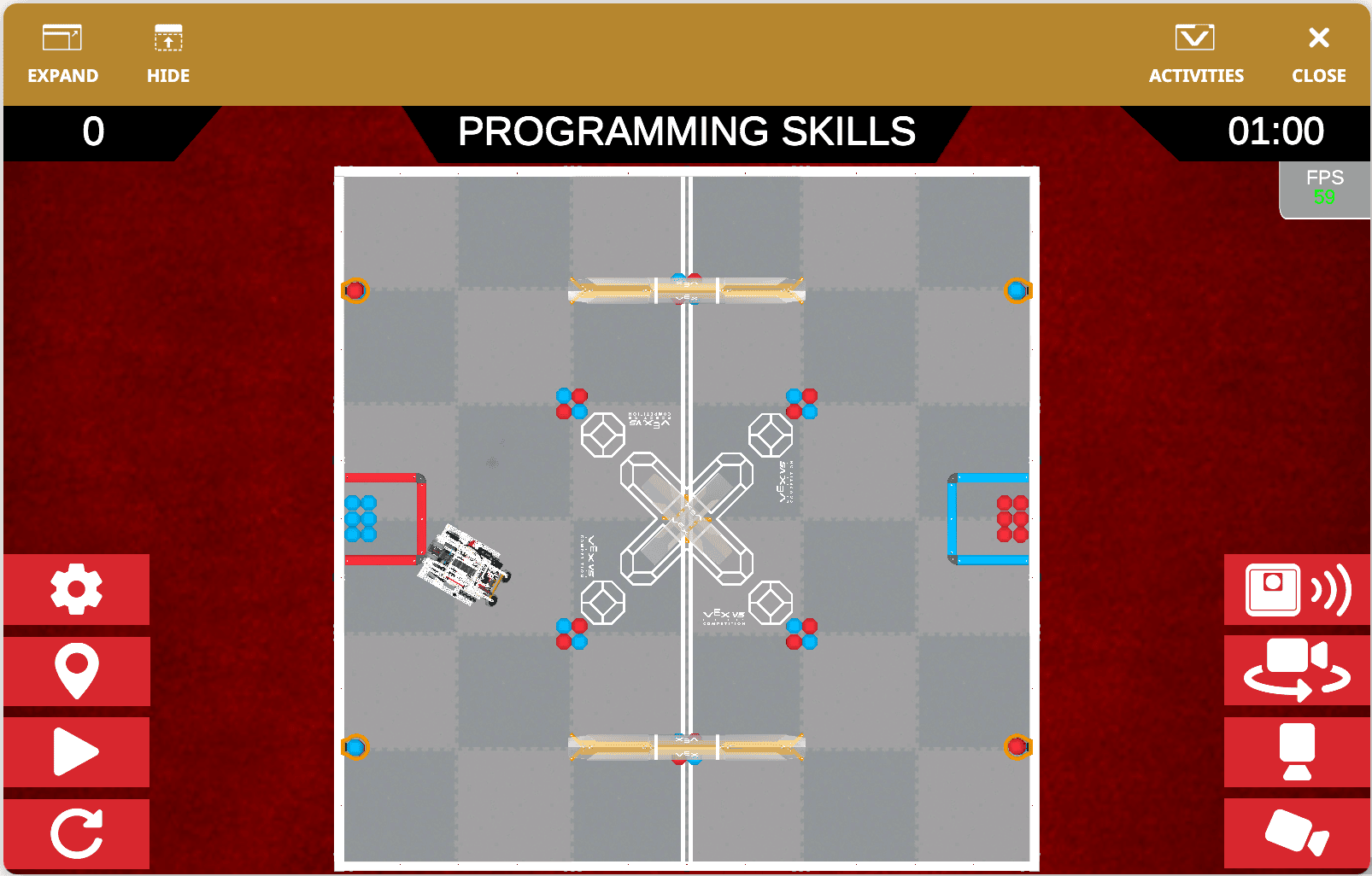 The V5RC Push Back Playground Window upon opening, that reads Programming Skills at the top with a top down view of the Hero Bot on the Field.