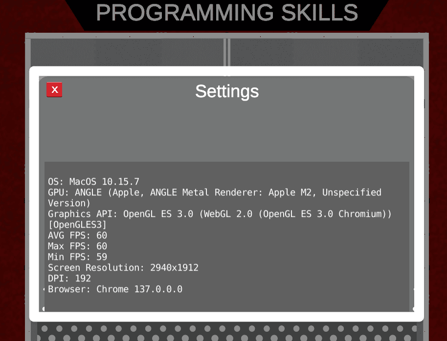 A close-up screenshow of the center of the Playground Window, showing the Settings information pop up that appears when the Setting button is clicked, just below the words Programming Skills.