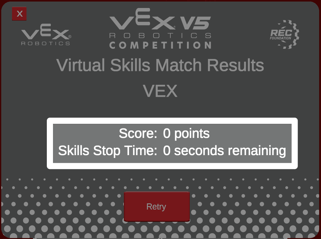 A screenshot of the Match Results pop up window with the score and Skills stop time highlighted. Both read 0.