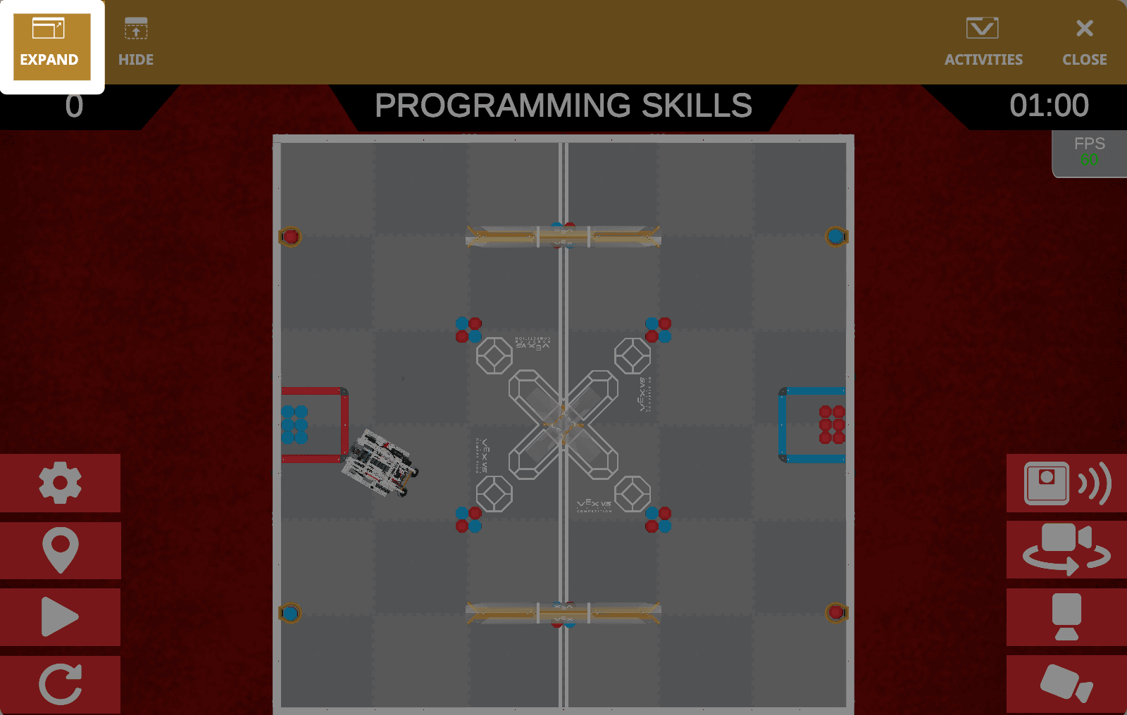 A screenshot of the full Playground Window, with the Expand button in the upper left corner highlighted, to the left of the Hide button.