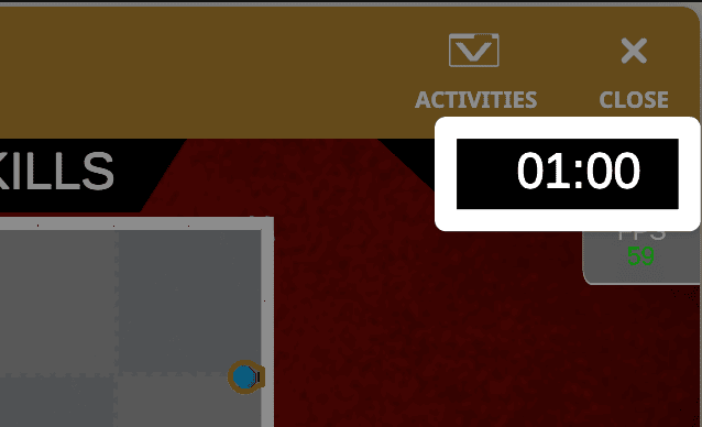 A close-up screnshot of the upper right corner of the Playground window, with the timer highlighted, beneath the buttons to open Activities and Close the window.