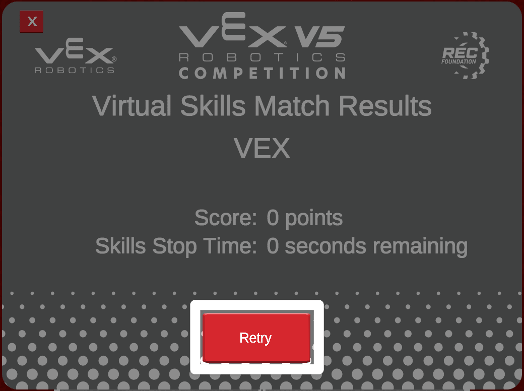 The same image as the one previous, with the Retry button below the score and stop time highlighted.