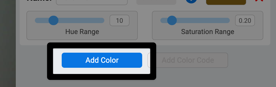 Zoomed in view of the AI Vision Utility. A highlight is on the Add Color button below the hue range slider.