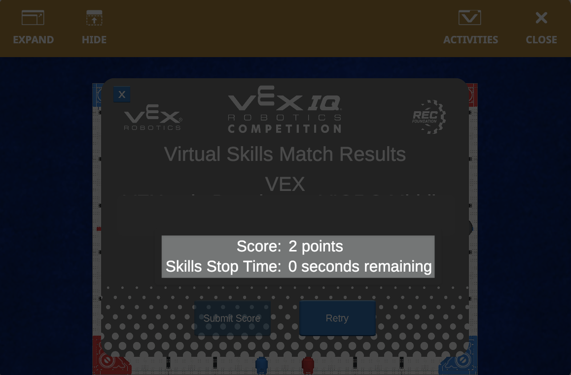 Match results window showing a score of two points and zero seconds remaning on the clock.