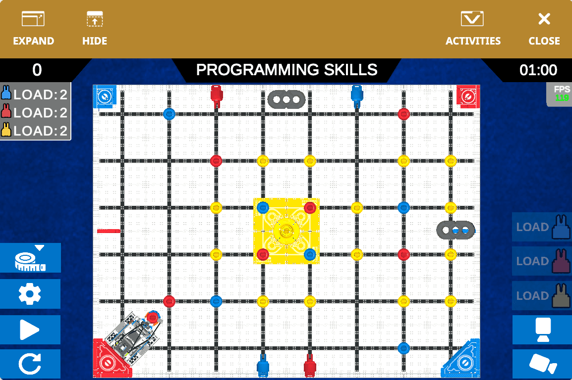 VIQRC Mix and Match Playground window upon opening, that reads Programming Skills at the top with a top down view of the Hero Bot on the bottom left corner of the Field.