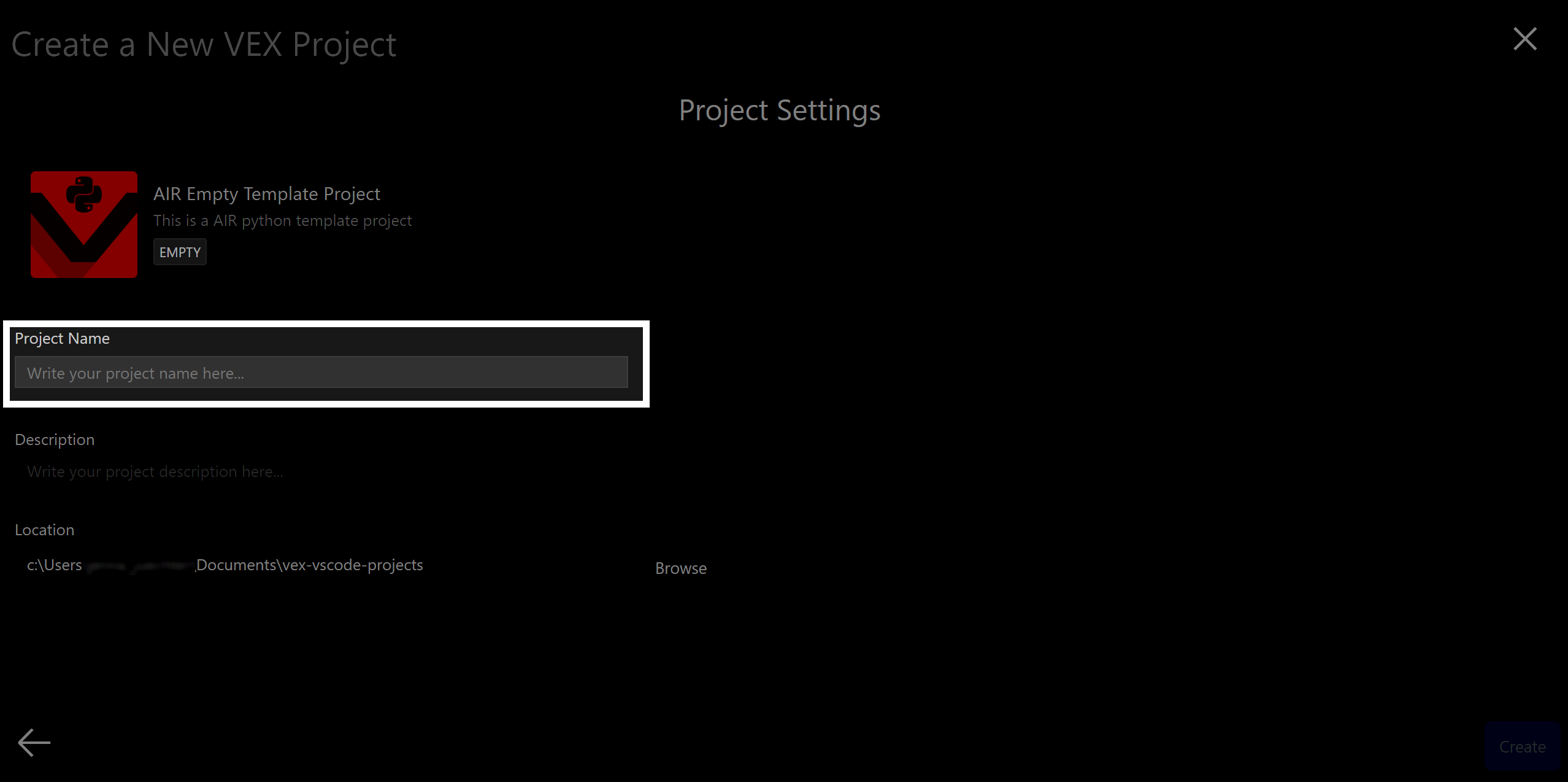 Sukurkite naują VEX projekto ekraną, kuriame rodomi AIR tuščio šablono projekto nustatymai; rodoma raudona Python tematikos AIR projekto piktograma su aprašymu „Tai AIR Python šablono projektas“ ir EMPTY žyma; projekto pavadinimo įvesties laukas paryškintas vietos žymėjimo tekstu „Čia įrašykite savo projekto pavadinimą...“, o žemiau matomi papildomi aprašymo ir vietos laukai.