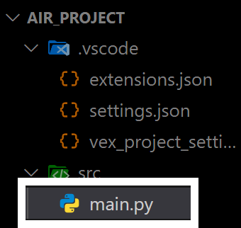 A Visual Studio Code fájlkezelője, amelyen az AIR_PROJECT könyvtár kibontva látható; az almappák között szerepel a .vscode fájl .json, settings.json és vex_project_settings.json kiterjesztésű fájlokkal, valamint egy src mappa, amely a kiemelt main.py Python fájlt tartalmazza kék és sárga Python ikonnal.