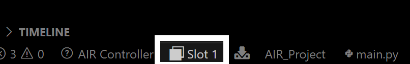 „Visual Studio“ kodo būsenos juostoje rodomas prijungtas AIR valdiklis su pasirinktu 1 lizdu, po kurio rodoma AIR_Project ir main.py failo pavadinimas