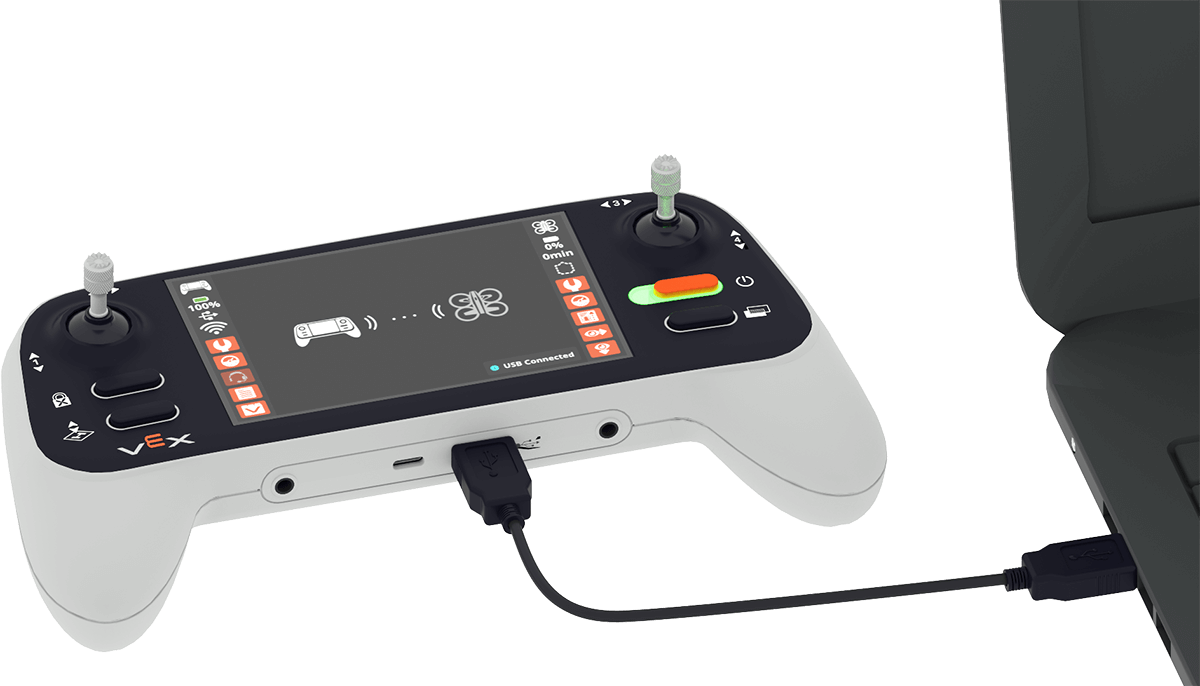 Controller VEX AIR collegato a un laptop tramite cavo USB, che visualizza una schermata di associazione con un'icona di drone e un'animazione di connessione del segnale sull'interfaccia touchscreen del controller