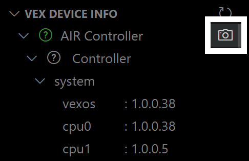 Panneau VEX DEVICE INFO dans Visual Studio Code affichant la hiérarchie des périphériques sous AIR Controller ; les sections développées affichent les informations système, notamment la version 1.0.0.38 de vexos, la version 1.0.0.38 du processeur cpu0 et la version 1.0.0.5 du processeur cpu1 ; une icône d'appareil photo permettant de prendre un instantané ou une capture d'écran du panneau d'informations sur le périphérique est mise en surbrillance dans le coin supérieur droit.