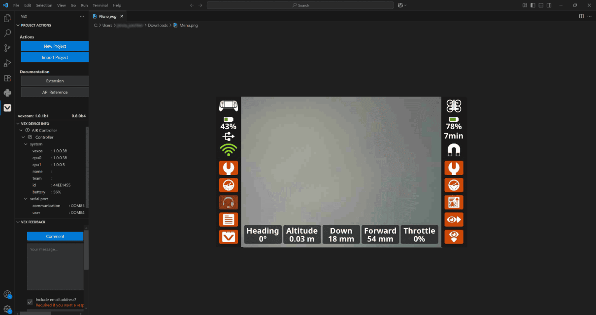 Rozhraní Visual Studio Code zobrazující rozšíření VEX se sekcí PROJECT ACTIONS vlevo včetně tlačítek New Project a Import Project; níže je panel VEX DEVICE INFO zobrazující podrobnosti o ovladači AIR, jako je verze firmwaru, informace o CPU, ID týmu a COM porty; pravá strana zobrazuje otevřený soubor s obrázkem Menu.png s vizuálním znázorněním ovladače bezdrátově se připojujícího k dronu, obklopený různými stavovými ikonami, včetně procenta nabití baterie, síly signálu, nástrojů a možností kamery.