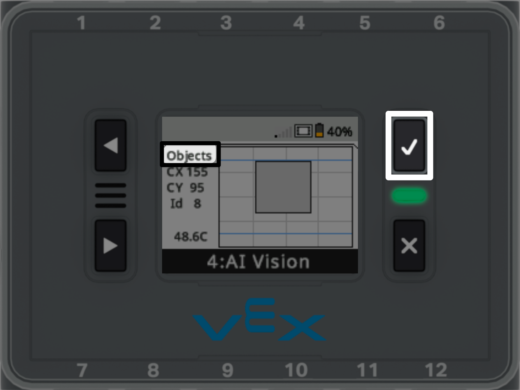 VEX IQ Brain with Objects highlighted on the AI vision screen and the check button highlighted.