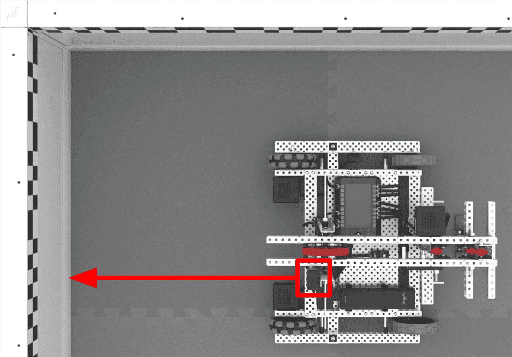 A top down view of Axel in the corner of a Field with a red box highlighting the GPS Sensor and an arrow pointing from the sensor to the Field Code, indicating how the sensor will read the Field Code from a stationary position.