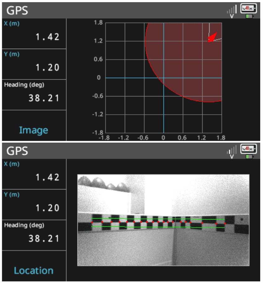 The GPS Device Info on the V5 Brain Screen is shown with both the Location and Image views, with the Location view on top and hte image view on the bottom. The X, Y position and heading data are the same in both. In the Location view, the red arrow indicating the position of the GPS Sensor is in the upper right hand corner, close to the edge and surrounded by a round red area and ring, indicating that the sensor cannot reliably determine the position. The image view shows a small corner portion of the Field Code that the sensor is detecting in this position.